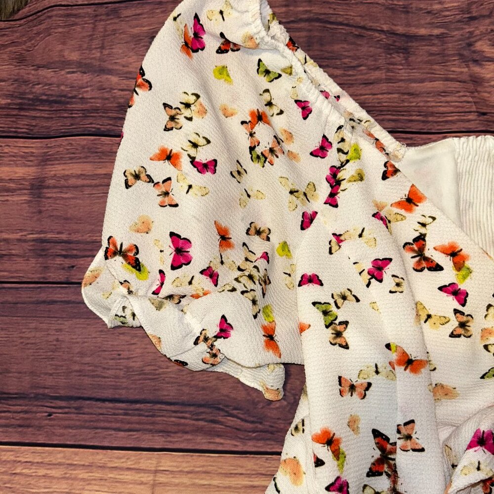 BCBG Generation Butterfly Print Crop Top - L - Puff Sleeve, Ruched Detail - Picture 7 of 11